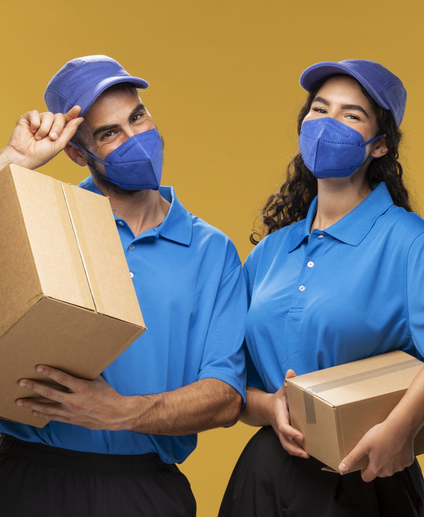 male-female-deliverers-holding-cardboard-boxes-wearing-medical-masks